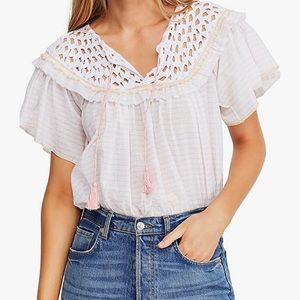 Allora top: crochet detail, tassel tie strings. Did not return on time